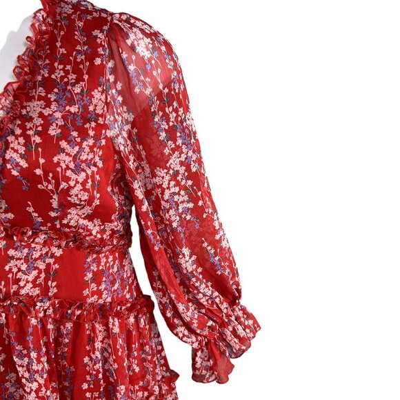 Selfie XL NWT Floral Open Back Ruffle Chiffon Dress Red Long Sleeve Deep V Neck - Picture 10 of 16